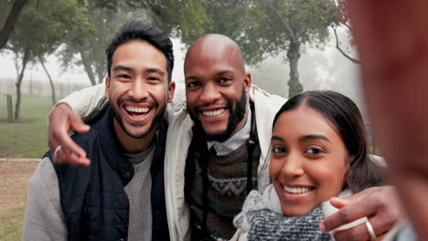 Friends,-group-selfie-and-smile-in-forest