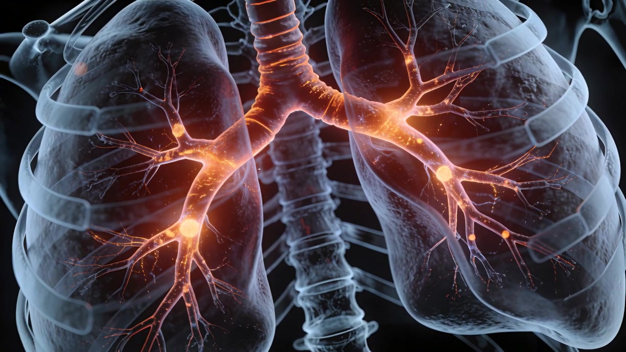 Polmoni pulsanti con bagliore arancione che inizia un flusso di luce dalla trachea ai bronchi a scopo didattico, mostrando i nodi.
