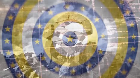 Yellow-stars,-yellow-circles-and-blue-circles-spinning-against-destroyed-Euro-symbol