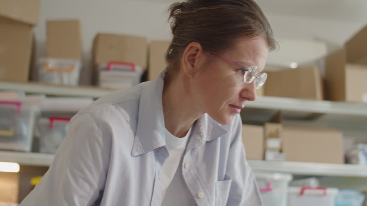 Woman Using Laptop and Taking Notes in Delivery Service Warehouse