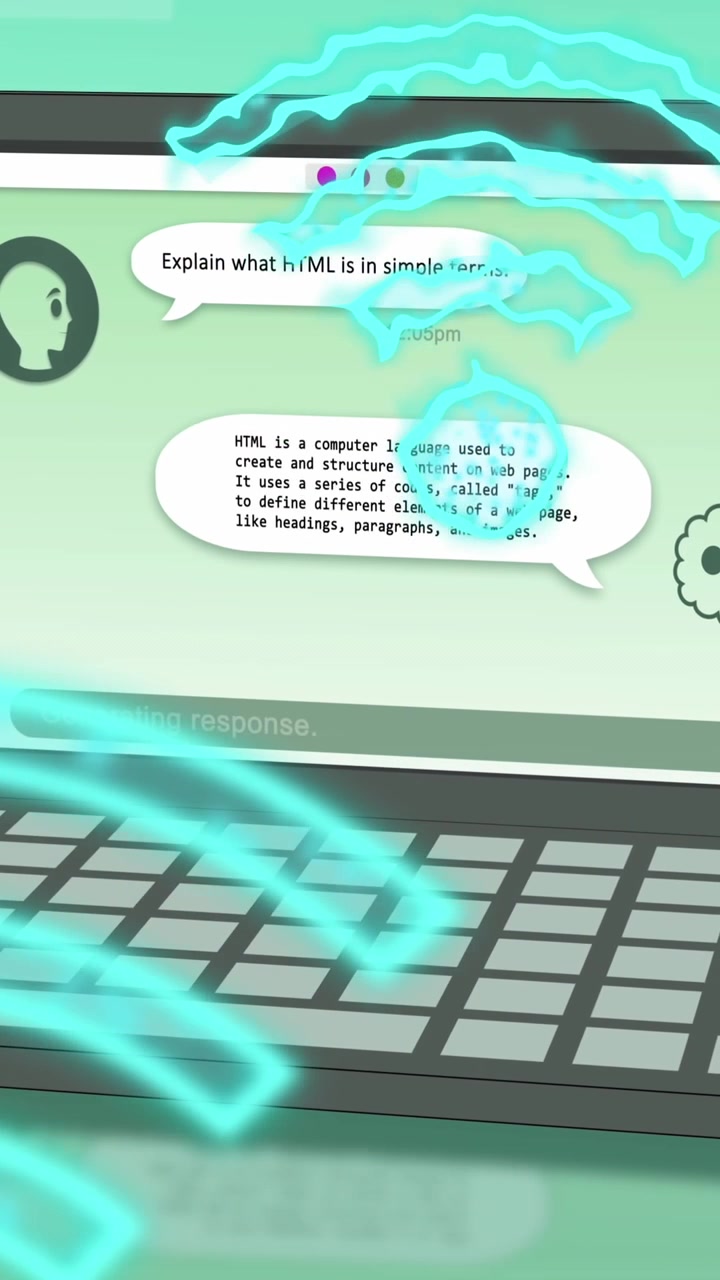 Animasjon av AI-chat og databehandling over laptop på grønn bakgrunn