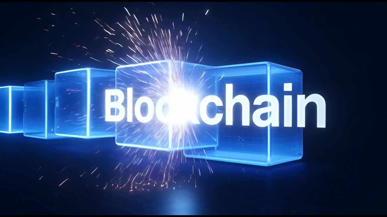 Blockchain Technology Concept with Glowing Interconnected Cubes and Digital Sparks