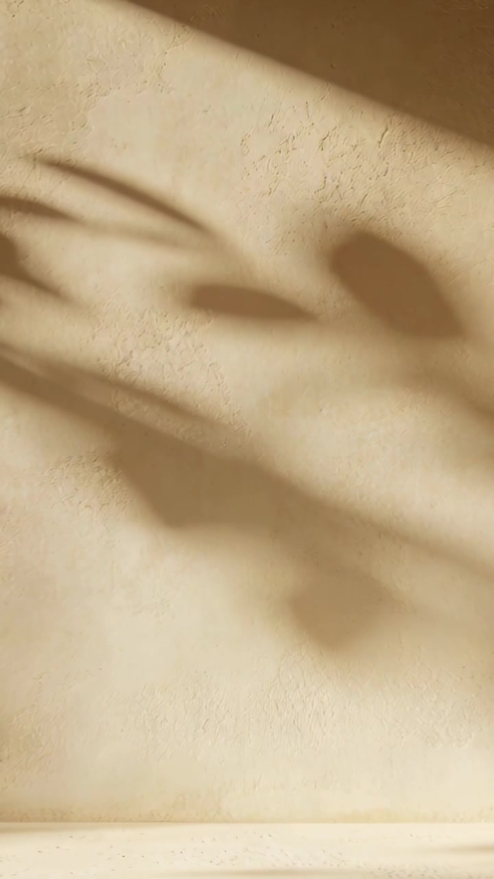 Video verticale: Ombra di una pianta che scorre su una parete beige con mensola, raggio di sole da una finestra.