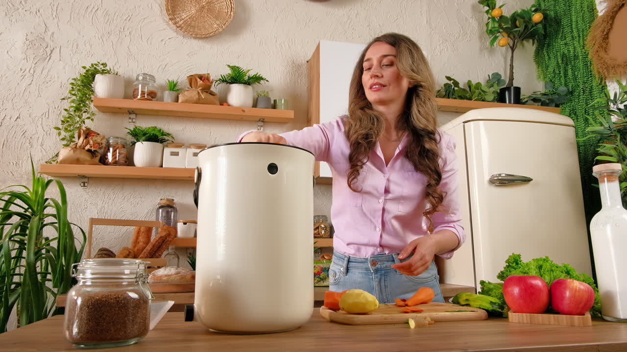 Woman recycling organic waste by composting vegetables peels in the Bokashi in the kitchen
