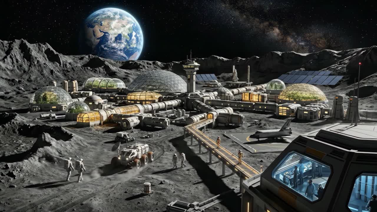Futuristic Moon Base Colony with Astronauts and Earth in Background