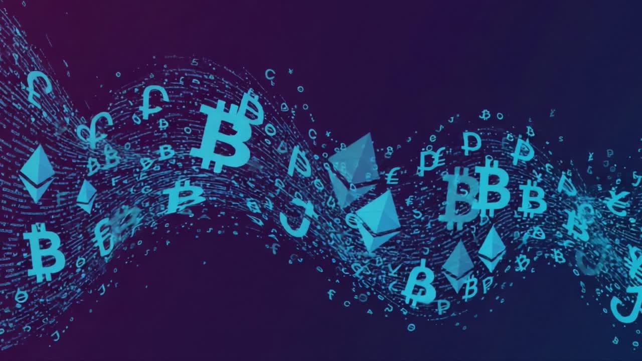 Dynamic Wave of Cryptocurrency Symbols in Bold Colors Representing the Evolving Landscape of Digital Finance and Blockchain Technology Innovations