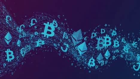 dynamic wave of cryptocurrency symbols in bold colors representing the evolving landscape of digital finance and blockchain technology innovations
