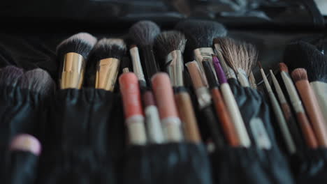 organizer with soft makeup brushes on workplace of visagist