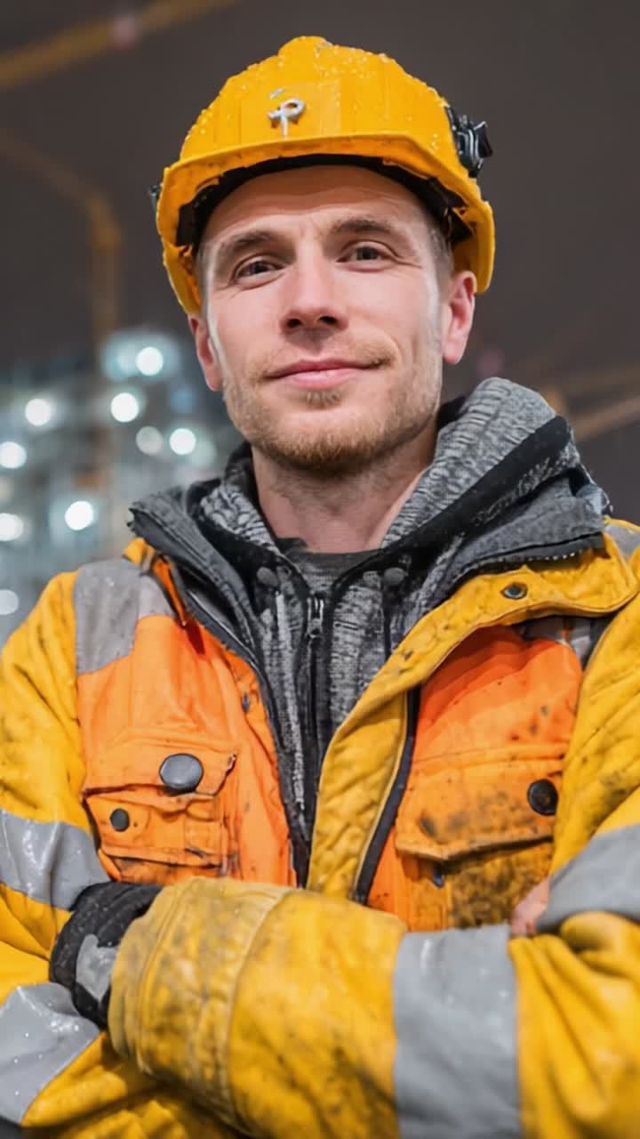 Operaio edile che sfida le intemperie con indumenti protettivi, dimostrando resilienza e impegno per la sicurezza sul luogo di lavoro