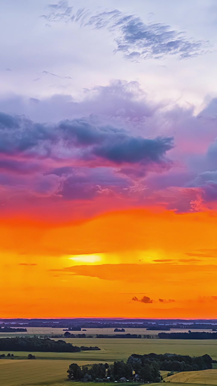 Vertical timelapse reveals dramatic storm clouds glowing orange and purple above golden farmland fields at colorful sunset