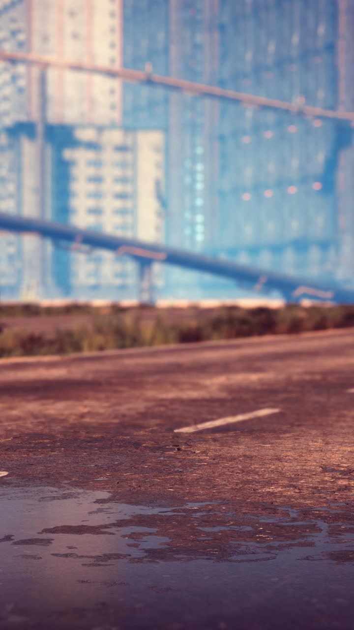 Urban landscape meets desolate highway in a futuristic world