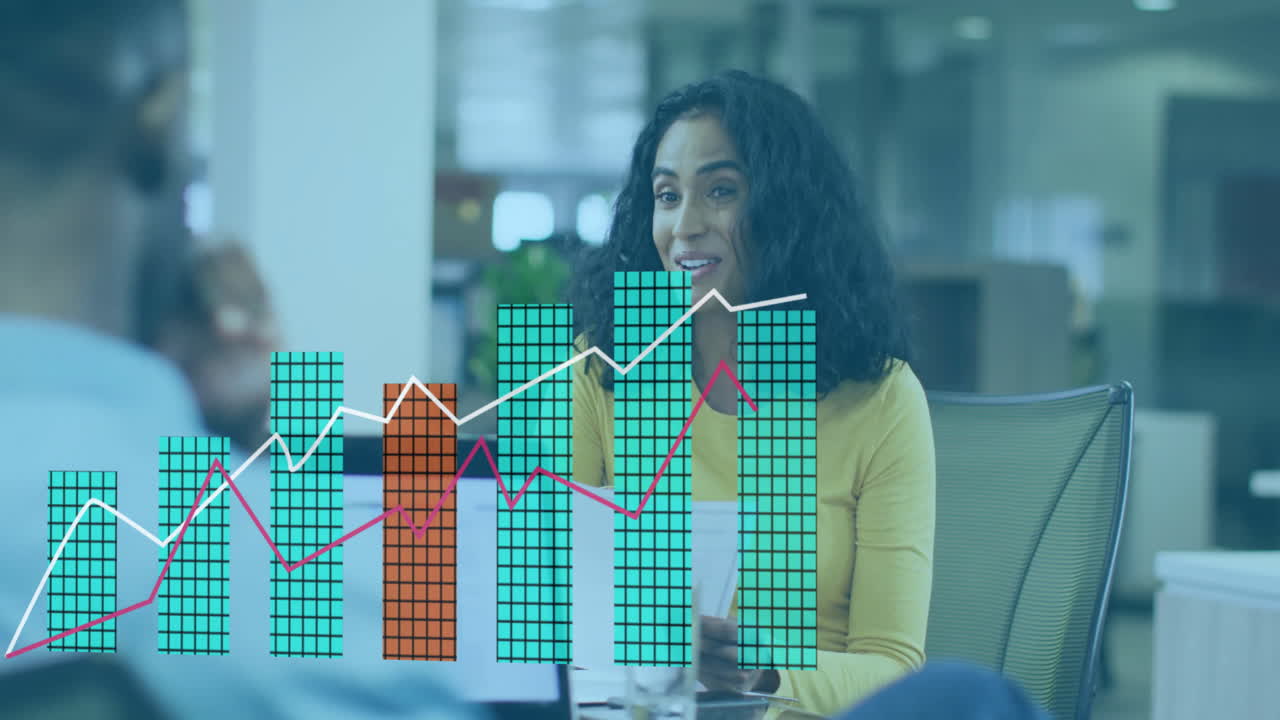 Discussing financial data with animation, businesswoman in modern office setting