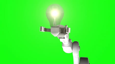 Digital-Generiertes-Video-Eines-Weißen-Roboterarms,-Der-Eine-Leuchtende-Glühbirne-Hält