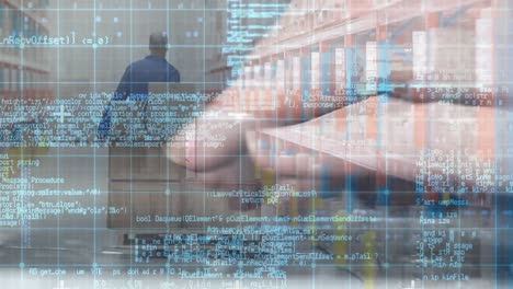 Man-dragging-a-fork-lift-inside-a-warehouse-and-typing-hands