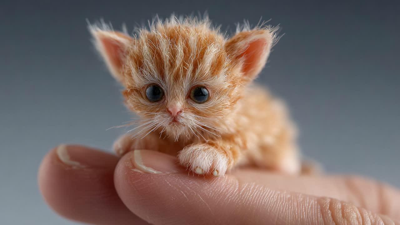 Adorable tiny orange kitten nestled in a person's hand, showcasing its fluffy fur, large expressive eyes, and playful demeanor, creating an endearing connection between human and pet