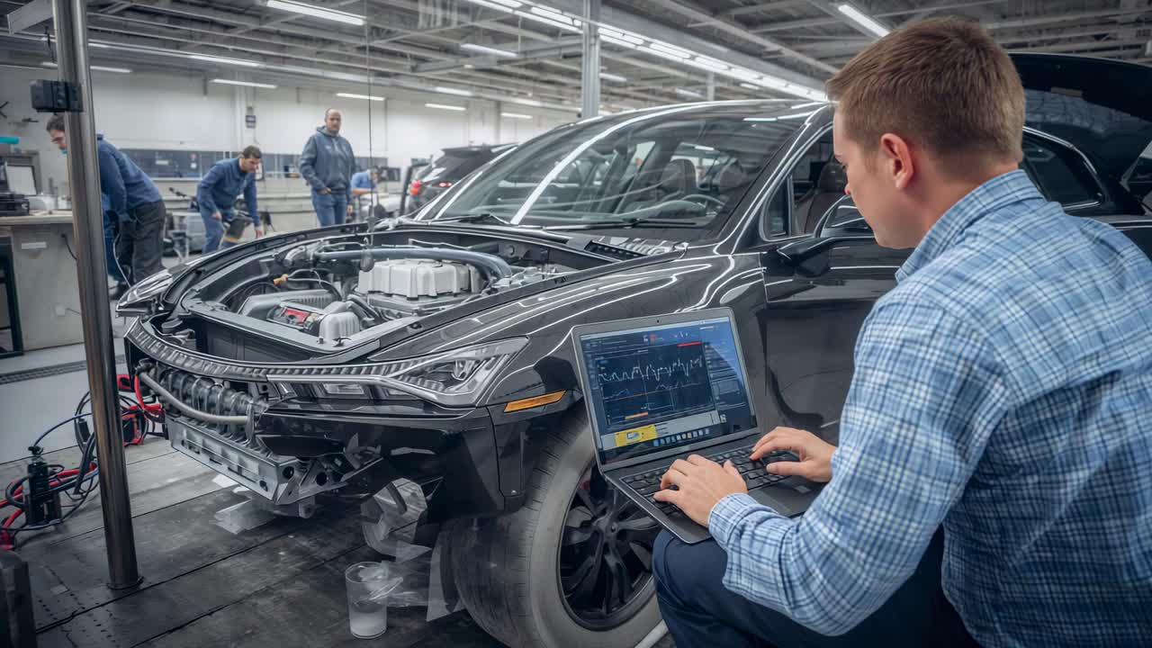 Connecting laptop, tech in blue shirt checking engine data, diagnosing sedan at garage, copy space