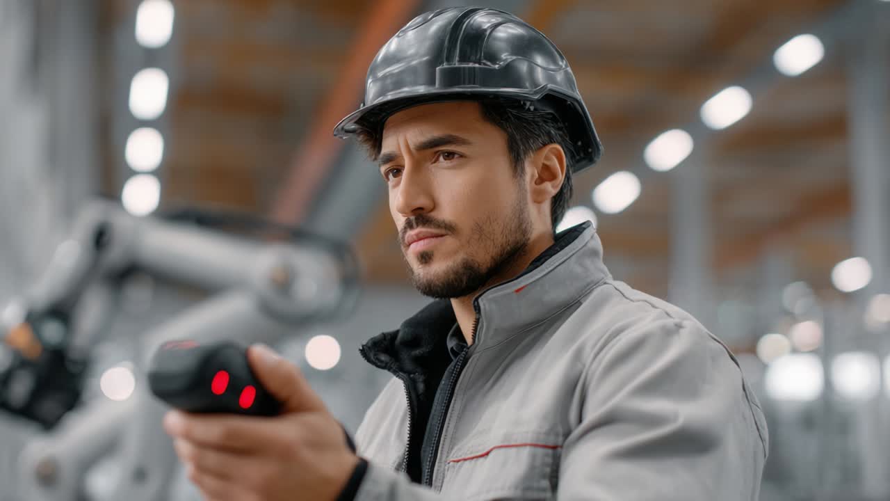 Engineer controlling robot in factory