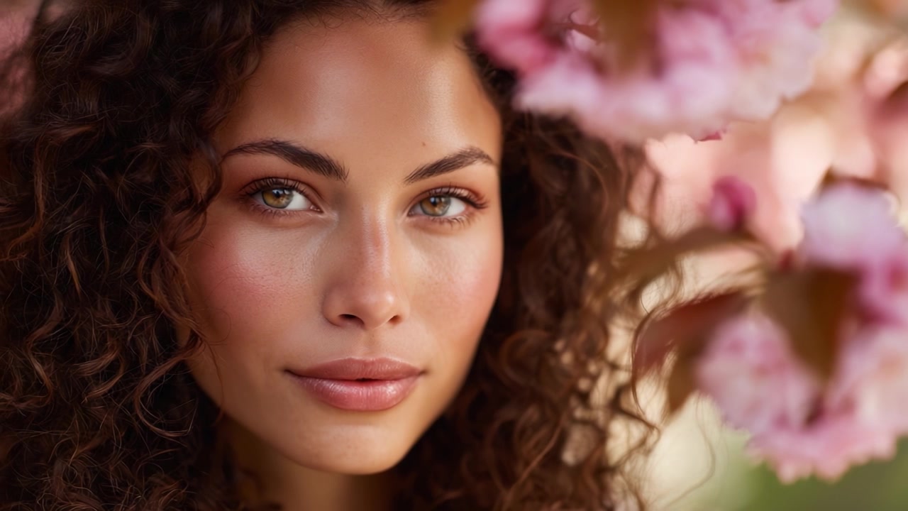 Primo piano accattivante di una donna con i capelli ricci circondata da fiori in fiore, che enfatizza la bellezza naturale e la grazia con uno sfondo morbido e sognante.
