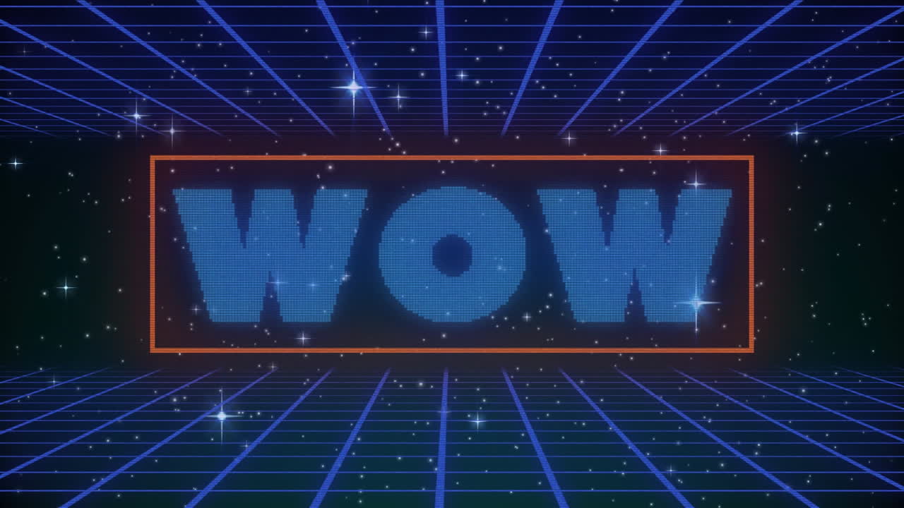 블랙 배경에 빛나는 별과 그리드 네트워크에 대한 와우 텍스트 배너의 디지털 애니메이션