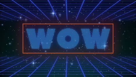 animación digital del banner de texto wow contra estrellas brillantes y red de cuadrícula sobre fondo negro
