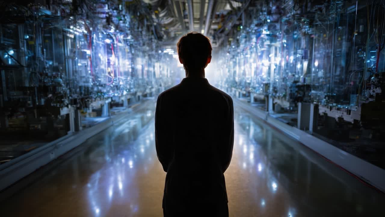 A contemplative figure stands at the edge of a high-tech environment, silhouetted against an intricate backdrop of illuminated machinery and reflections in the floor