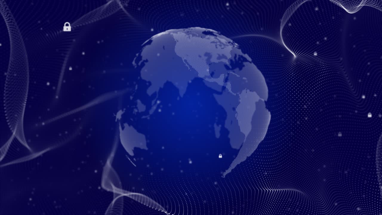 Futuristic planet earth hologram cyberspace world map of glowing dots with hud big data circles