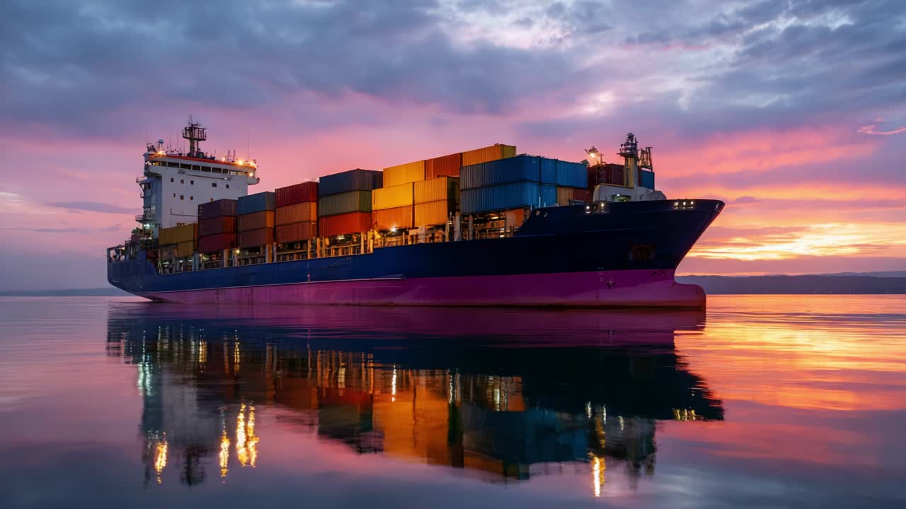 Container ship at sunset