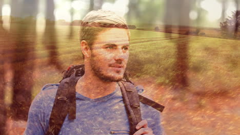 hiking through forest, man with backpack over scenic landscape