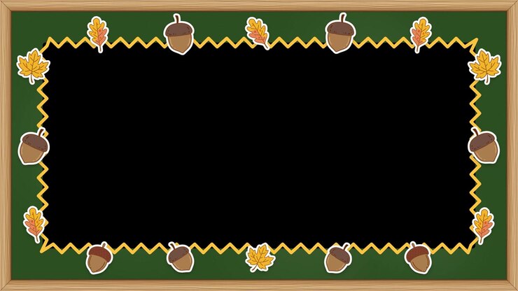 Animated green chalkboard frame decorated with autumn leaves and acorns surrounding central copy space.