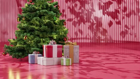 Christmas-tree-with-ornaments-and-wrapped-presents-on-a-red-floor-against-a-red-background