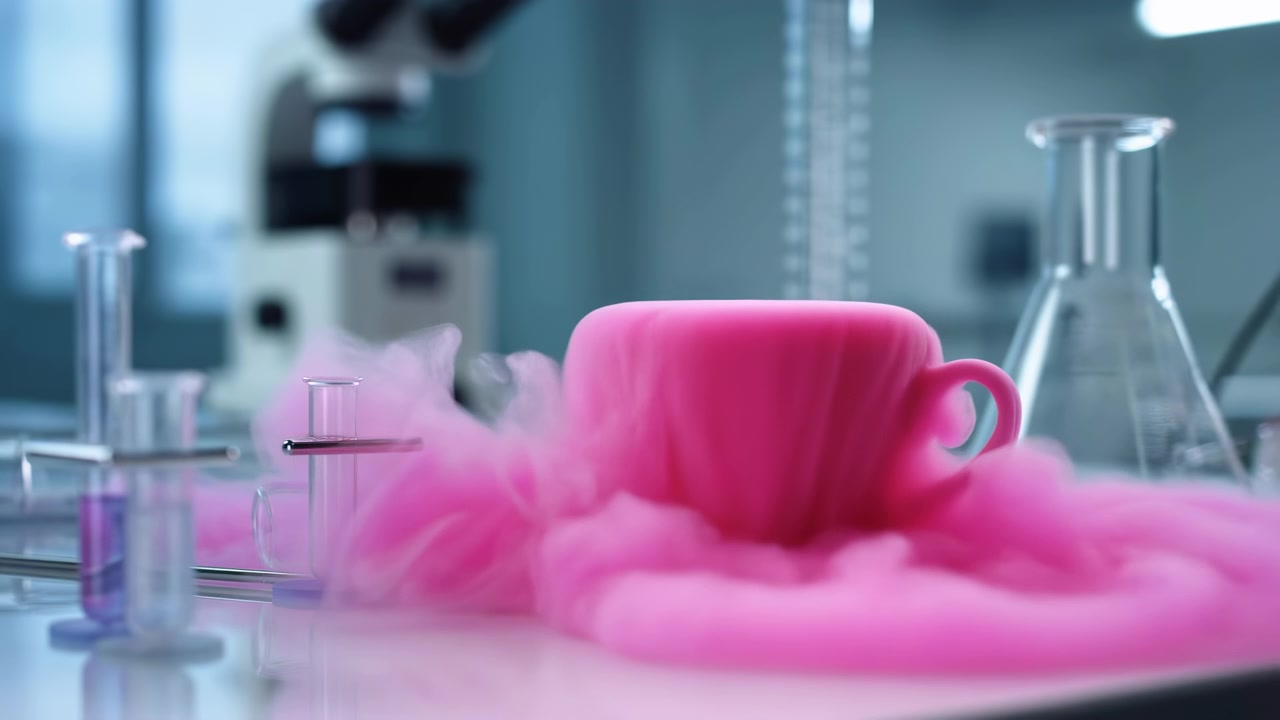 Scena di laboratorio a bassa angolazione che mostra una tazza di ceramica bianca circondata da denso vapore rosa magenta che scorre oltre il bordo e si diffonde su un banco da lavoro riflettente in un'illuminazione clinica pulita, con laboratorio.