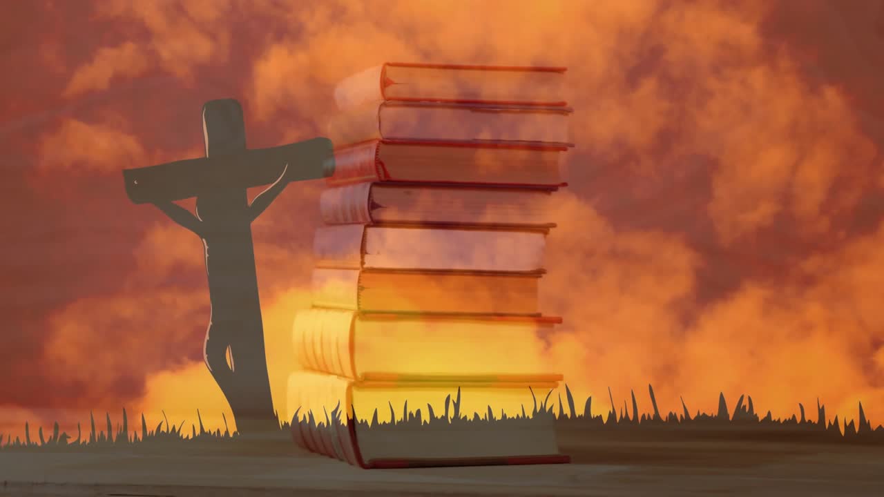 Telecamera che inizia la rotazione attorno a un crocifisso appoggiato su una pila di libri, mostrando una pila più alta sotto un cielo luminoso.