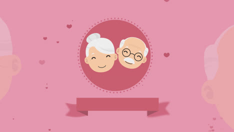 motion graphic of pink background of happy grandparents with hearts