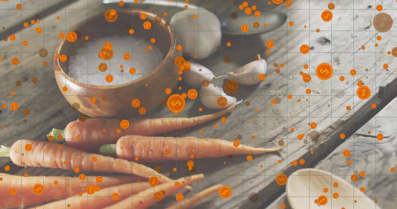 Spice particles drifting over board, salt, garlic and carrots appearing, peppers completing prep