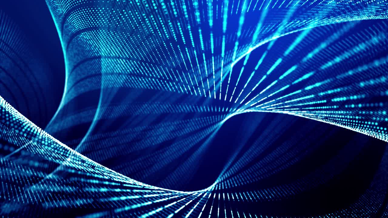 4k looped abstract background of glow particles form lines, surfaces as futuristic landscape in cyberspace or hologram. Sci-fi theme of microworld, nanotechnology or cosmic space. Blue stripes 17