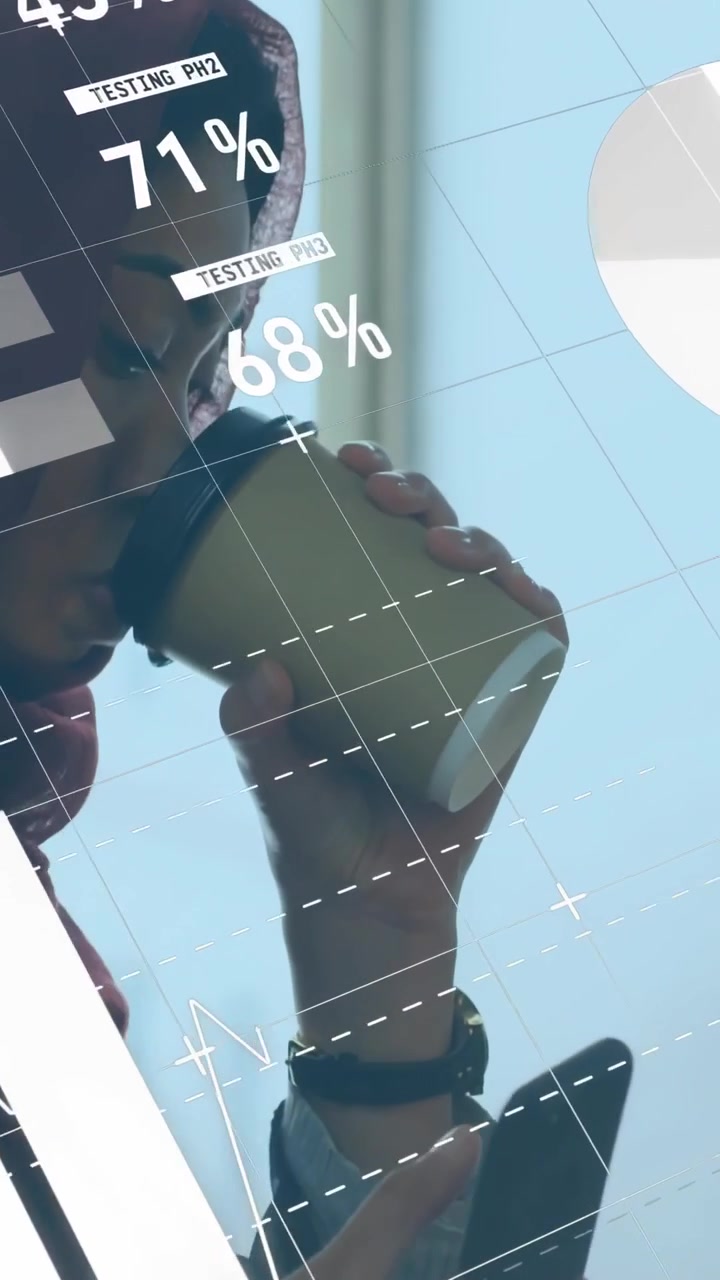 Vertical video: Woman sipping cup, shifting to phone to read finance data, charts overlaying phone