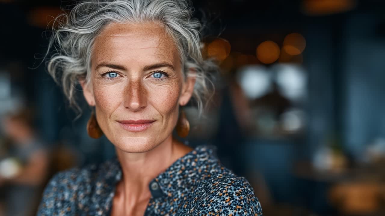 Un ritratto accattivante di un'elegante signora di una certa età, che irradia sicurezza e fascino, ambientato in un'atmosfera calda e invitante di un ristorante