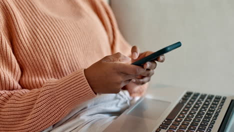 black woman hands, laptop and phone for social
