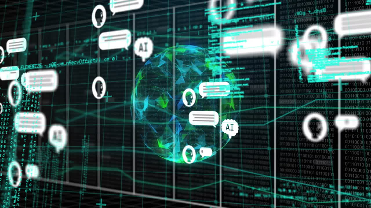 Animation af AI-chat over en globus af former og databehandling