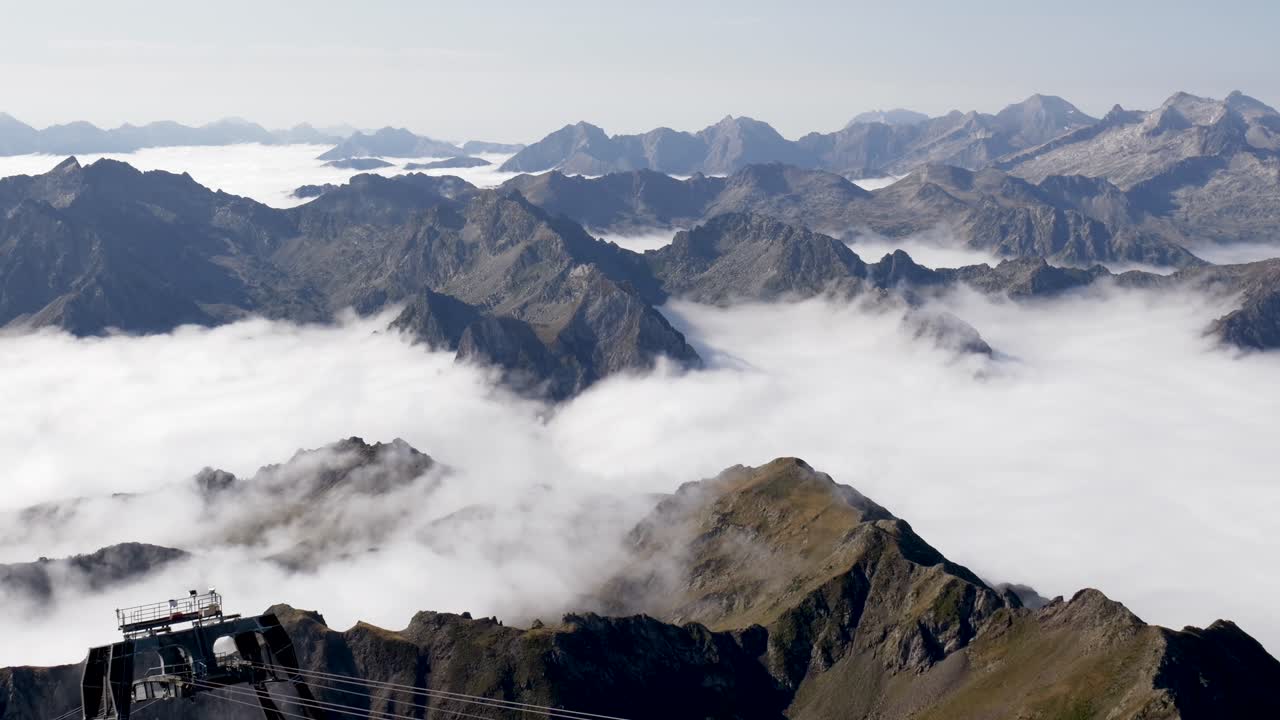 Mountain Panorama of the French Pyrenees with a Sea of Clouds on a Sunny Day – Camera Pan