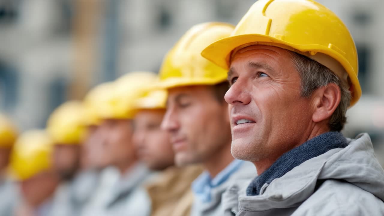 Profiles of Construction Workers in Yellow Hard Hats, Showcasing Team Spirit and Commitment to Safety and Collaboration on a Construction Site