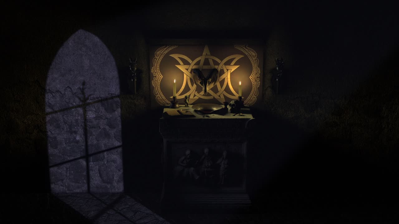 espectacular toma cgi 3d iluminada por la luna de una escena de capilla oscura con un altar de piedra antiguo de estilo pagano satánico, con grimorio, cuenco sangrante, objetos místicos y un cráneo de carnero montado en un pentáculo