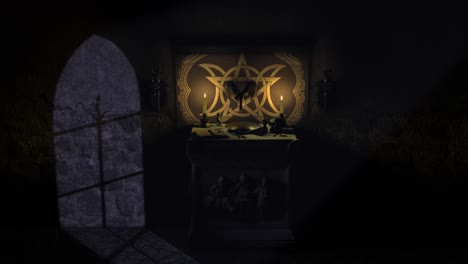 Dramatische-Mondhelle,-Aufsteigende-3D-CGI-Aufnahme-Einer-Dunklen-Kapellenszene-Mit-Einem-Alten-Steinaltar-Im-Satanischen-Heidnischen-Stil,-Mit-Grimoire,-Blutender-Schale,-Mystischen-Objekten-Und-Einem-Auf-Einem-Pentagramm-Montierten-Widderschädel