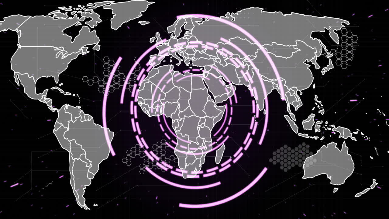 어두운 배경에 있는 세계 지도 위의 디지털 데이터 처리 및 범위의 애니메이션