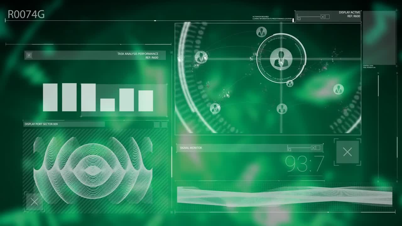 animación de iconos de perfil, gráfico, onda sonora y números cambiantes contra un fondo abstracto.