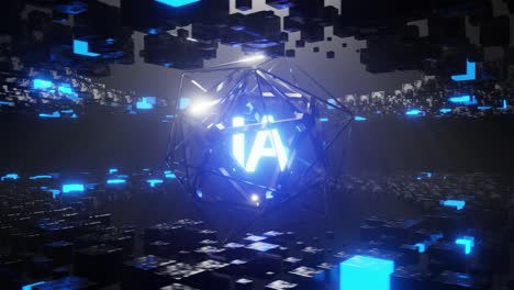 Rotating glowing object with AI letters moving around. Loop animation 3d