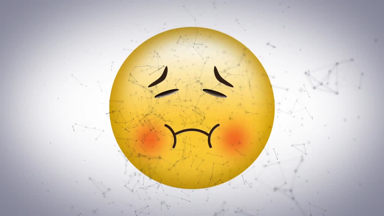 animación digital de una red de conexiones flotando sobre un emoji de cara enferma contra un fondo blanco