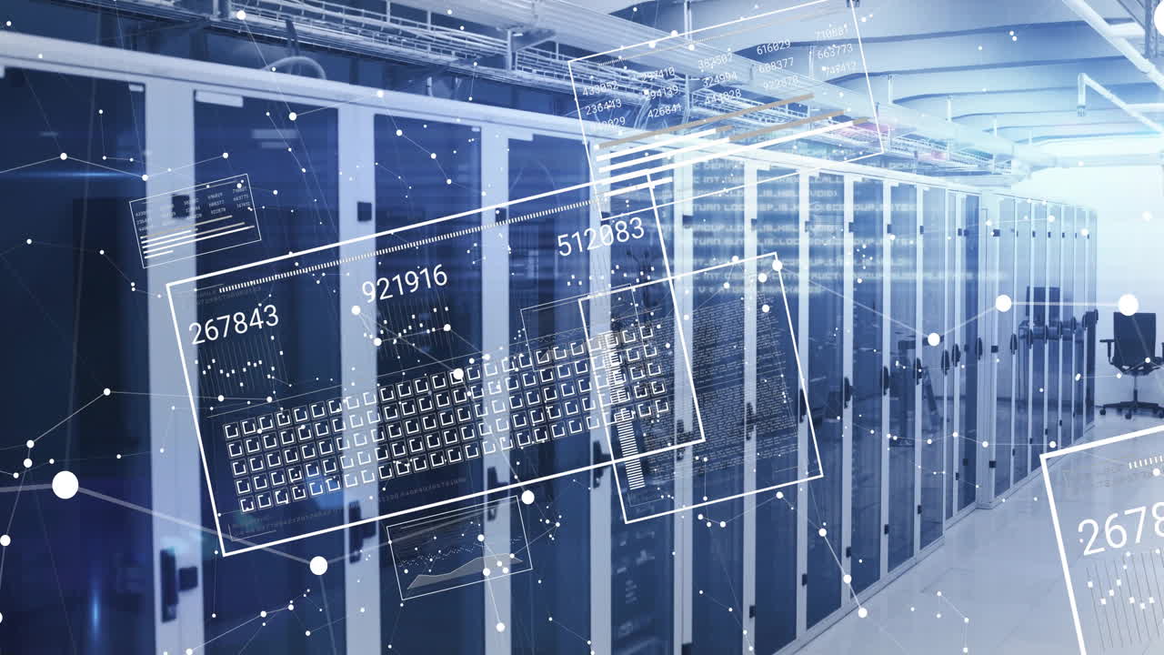 Row of server racks standing in data center showing floating data streams and network cable trays