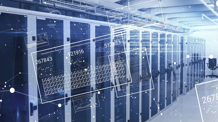 Row of server racks standing in data center showing floating data streams and network cable trays