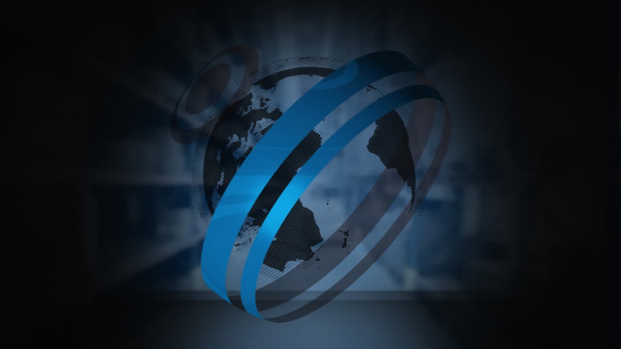 animación digital de escáneres redondos sobre un globo giratorio contra el almacén en el fondo